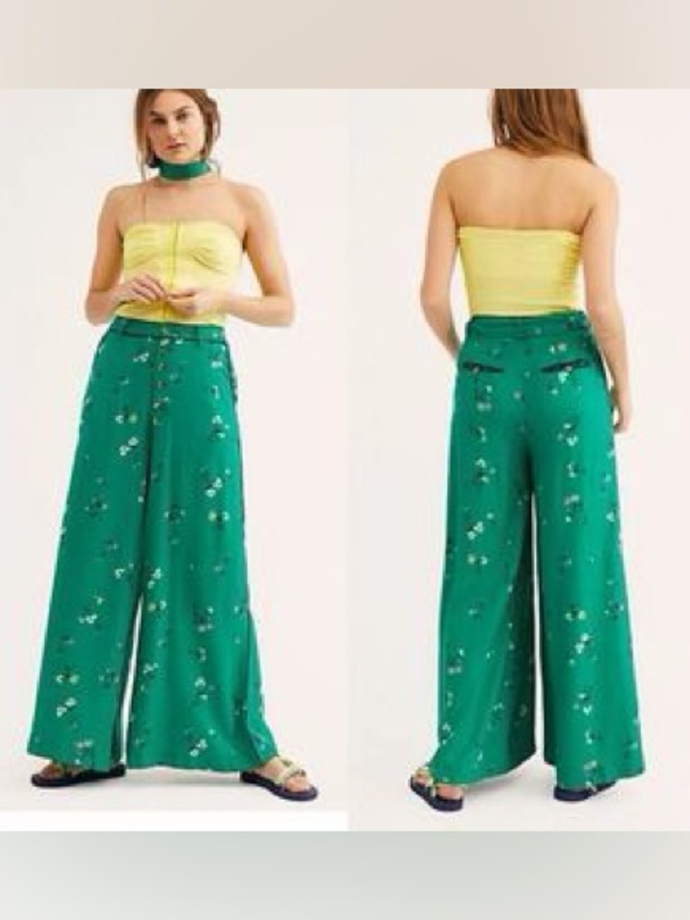 Free People Emerald Floral Wide-Leg Pants
